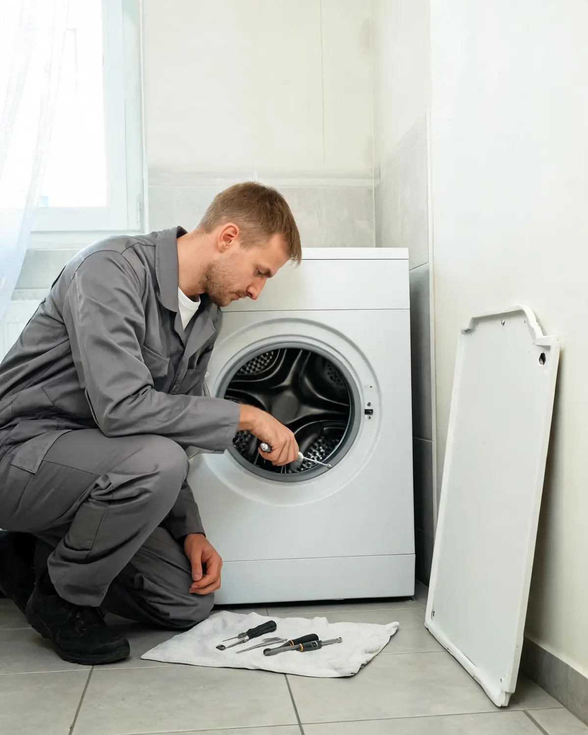Мастер ремонтирует стиральную машину Gorenje